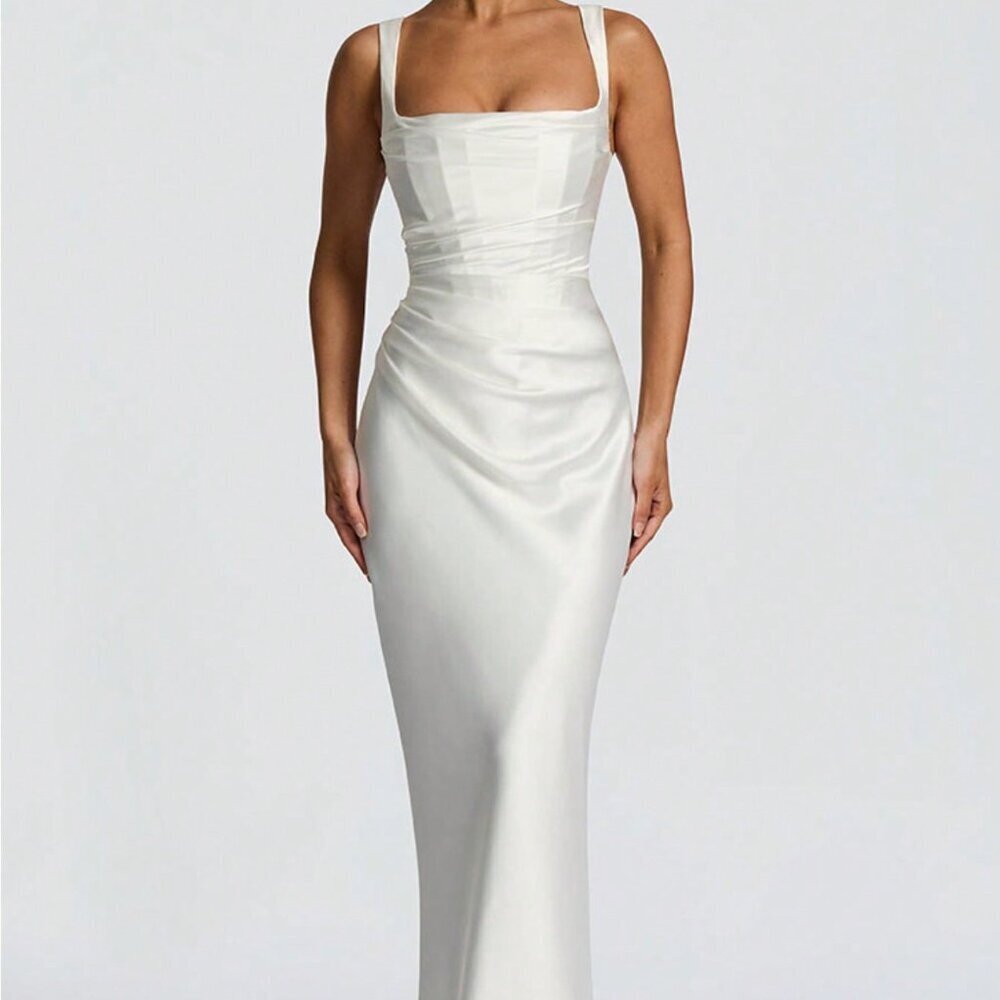 White Elegant Women's Satin Prom Dress with Cinching Waist Lace-Up Slip Gown
